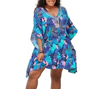 Swimsuits for All Crinkle Gauze Kaftan Cover Up 34/36 Tropical Beaded Resortwear